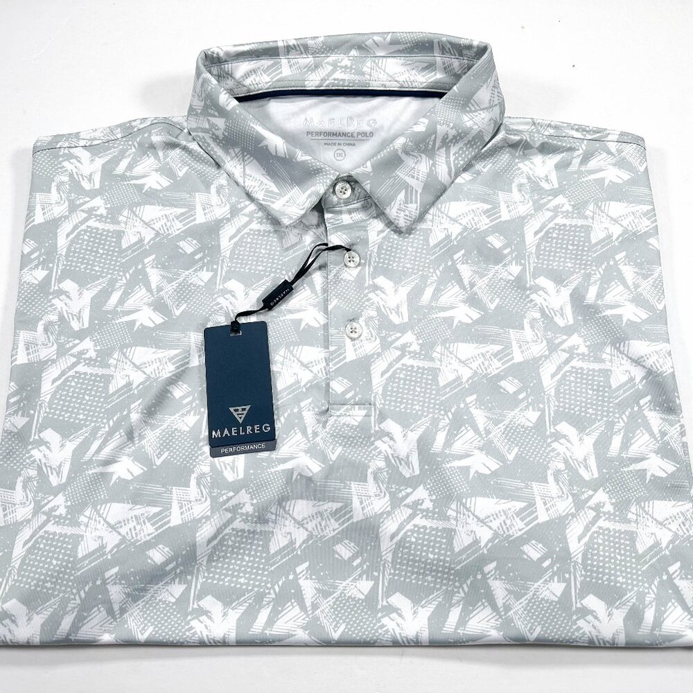 MAELREG Performance 3XL Polo Gray All Over Geometric Print Short Sleeve NEW